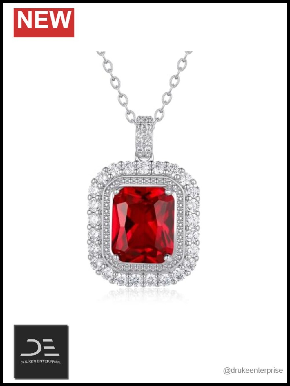 Women's Crystal Pendant Necklace, 18k White Gold Plated, Square Red Crystal,